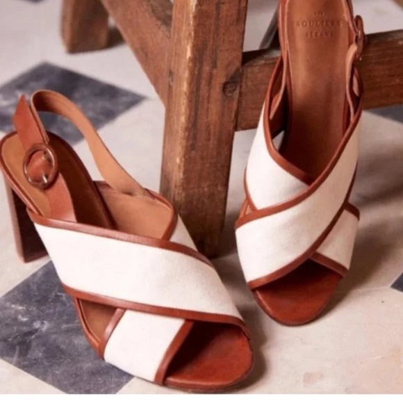 Sezane High Maud Sandals Linen Camel Block Heel Size 38 French or US 7 Cross - Picture 2 of 10